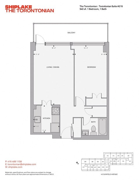 Floor plan for 1 bed, 1 bath, 540 sqft